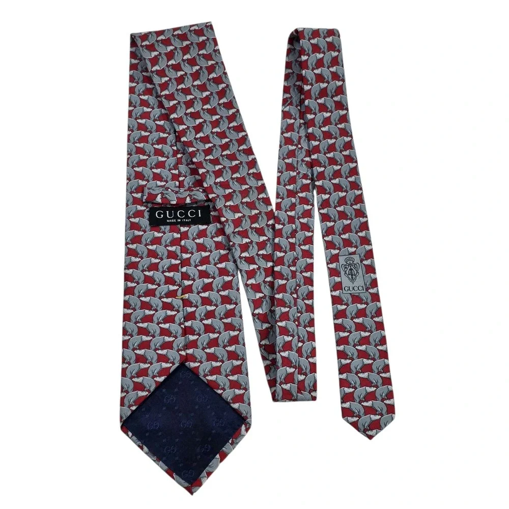 GUCCI Silk Polar Bear Mens Necktie Red Grey Made in Italy Animal Luxury Designer